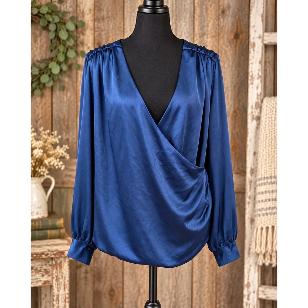 KUT from the Kloth Royal Blue Satin Wrap Blouse XL NWT Long Sleeve V-Neck Top